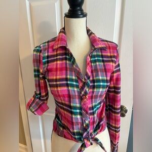 No Boundaries Flannel Plaid Shirt Lace Panel Roll Tab Sleeves Junior Sz M 7-9